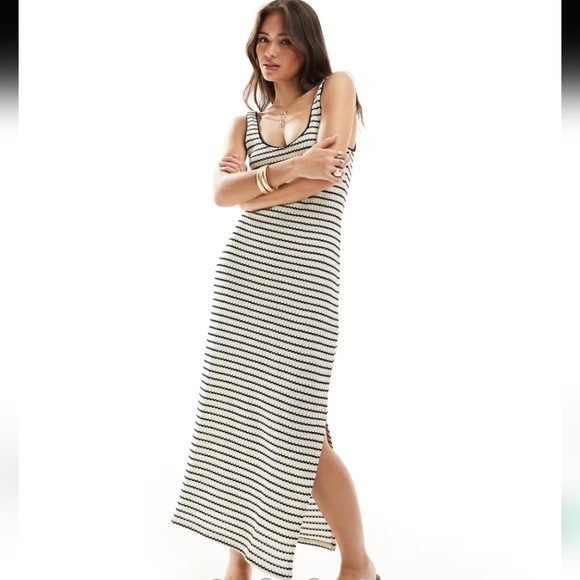 Saints Textured Black White Stripe Maxi Dress Sleeveless Bodycon Womens Sz Small - Picture 10 of 10